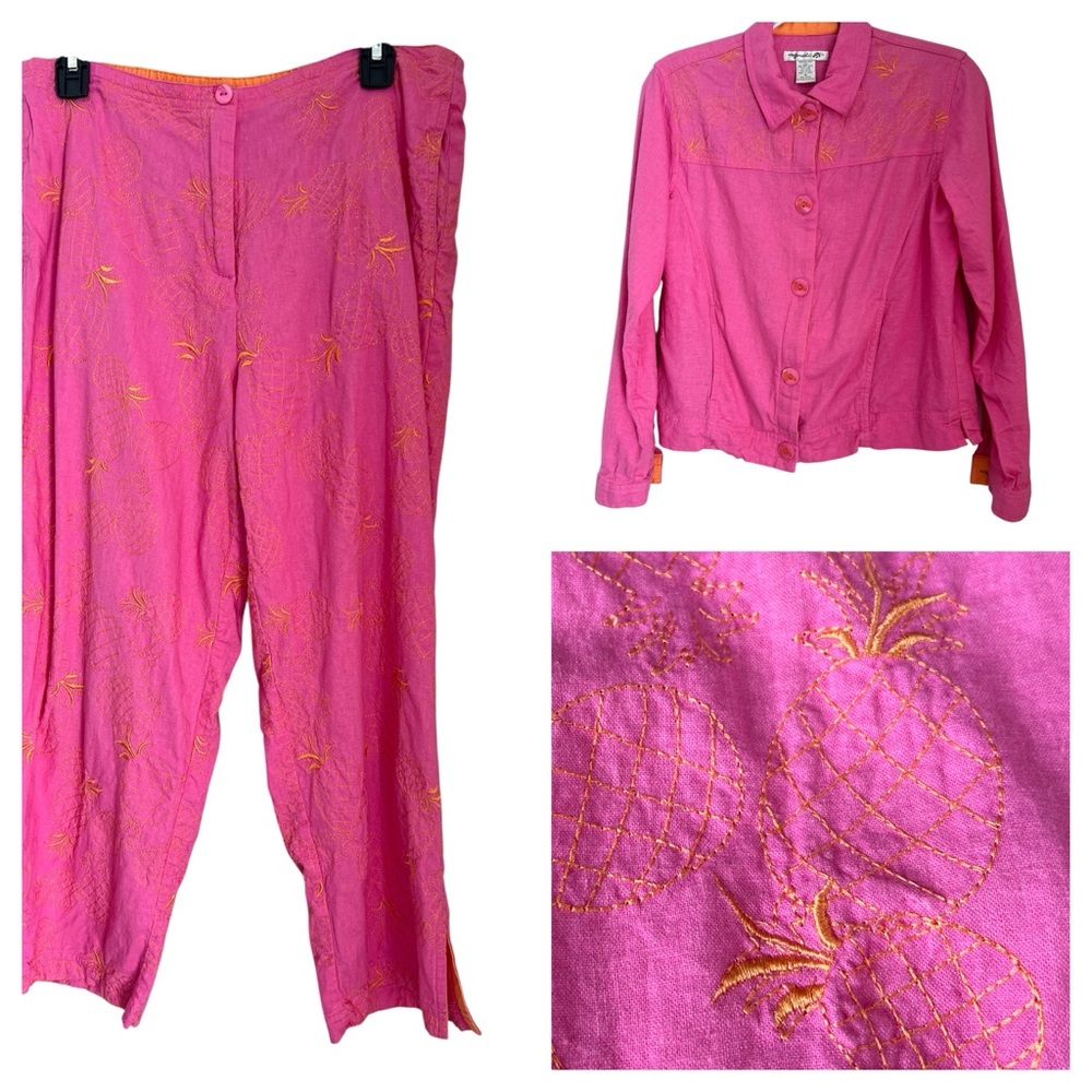 Mureli Vintage Costal Outfit Set Womens M Pink Linen Blend Pineapple Embroidered